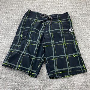 VOLCOM Swim Trunks Men 30 Black Neon Green Plaid MAGU Board Shorts Swimming Suit